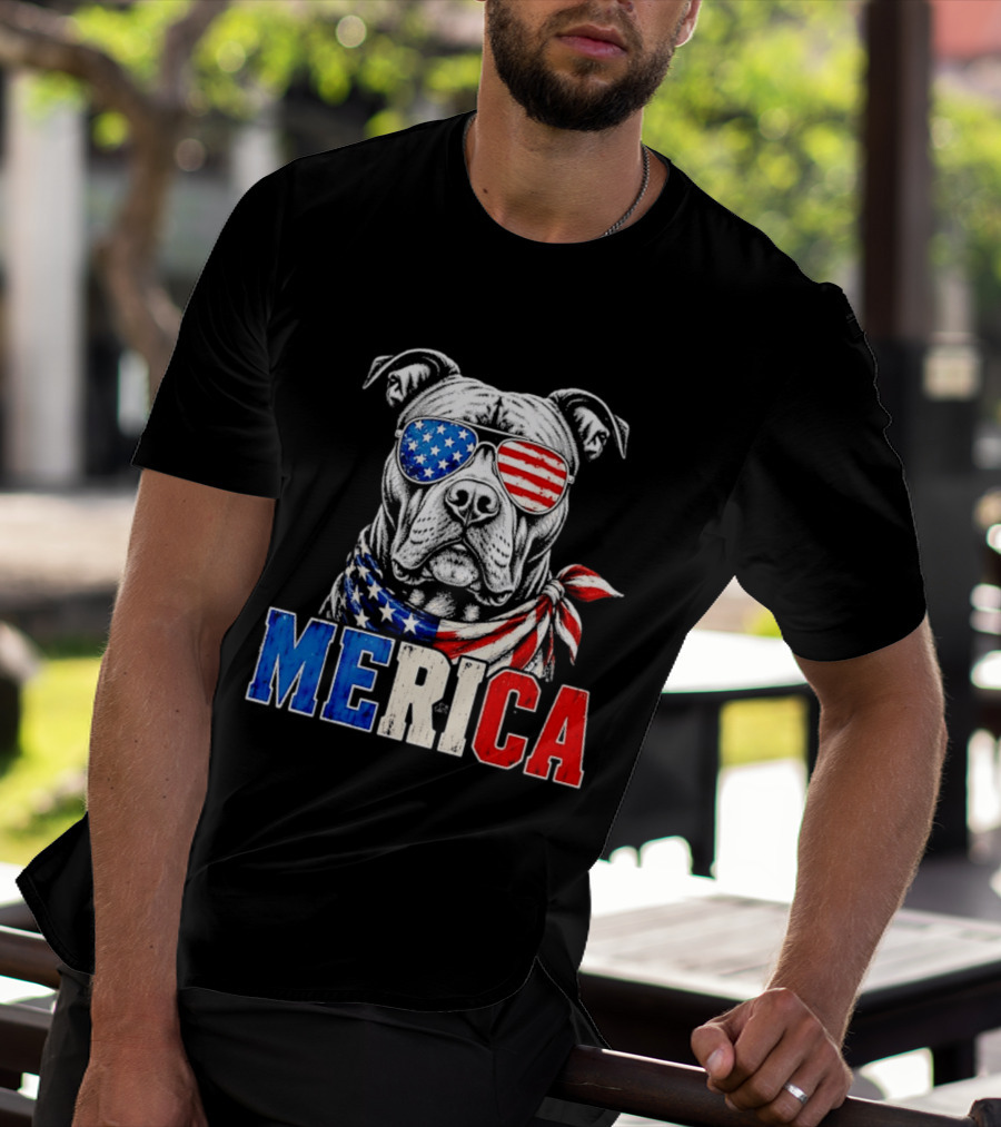 Patriotic Pit Bull Merica Dog With American Flag Sunglasses And Bandana T-Shirt