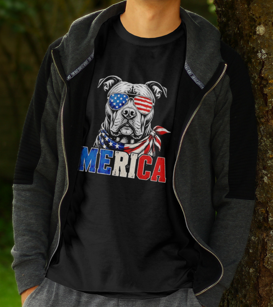 Patriotic Pit Bull Merica Dog With American Flag Sunglasses And Bandana T-Shirt