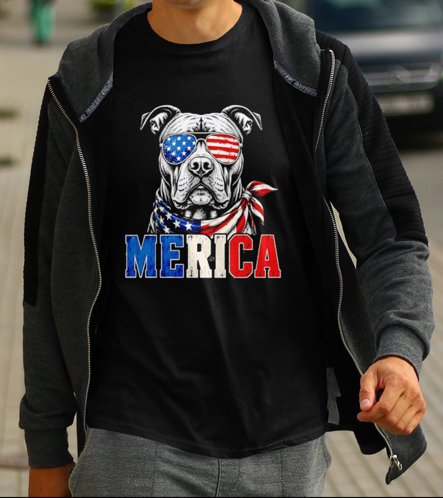 Patriotic Pit Bull Merica Dog With American Flag Sunglasses And Bandana T-Shirt