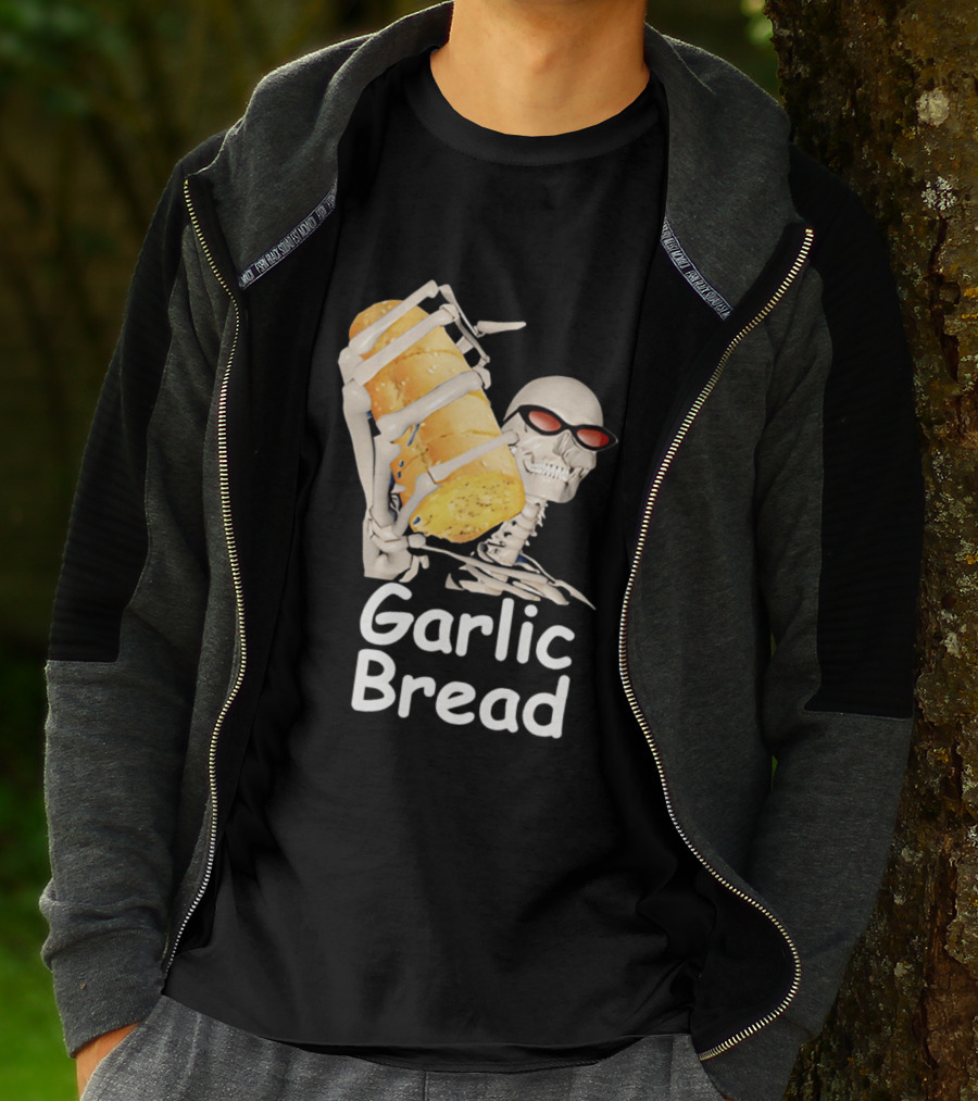 Skeleton Holding Baguette Garlic Bread Wearing Sunglasses T-Shirt