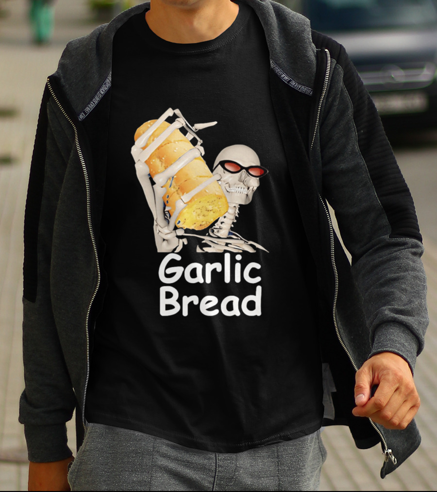 Skeleton Holding Baguette Garlic Bread Wearing Sunglasses T-Shirt