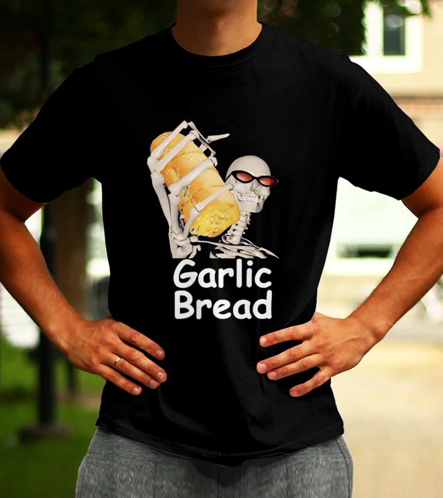 Skeleton Holding Baguette Garlic Bread Wearing Sunglasses T-Shirt