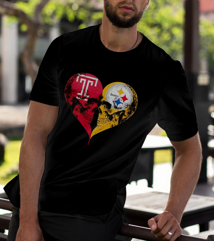 Temple Owls Pittsburgh Steelers Skulls Heart Shape Distressed T-Shirt