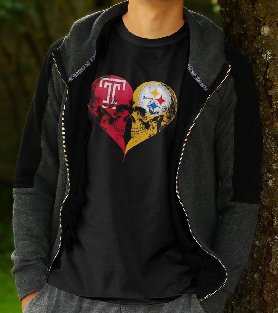 Temple Owls Pittsburgh Steelers Skulls Heart Shape Distressed T-Shirt