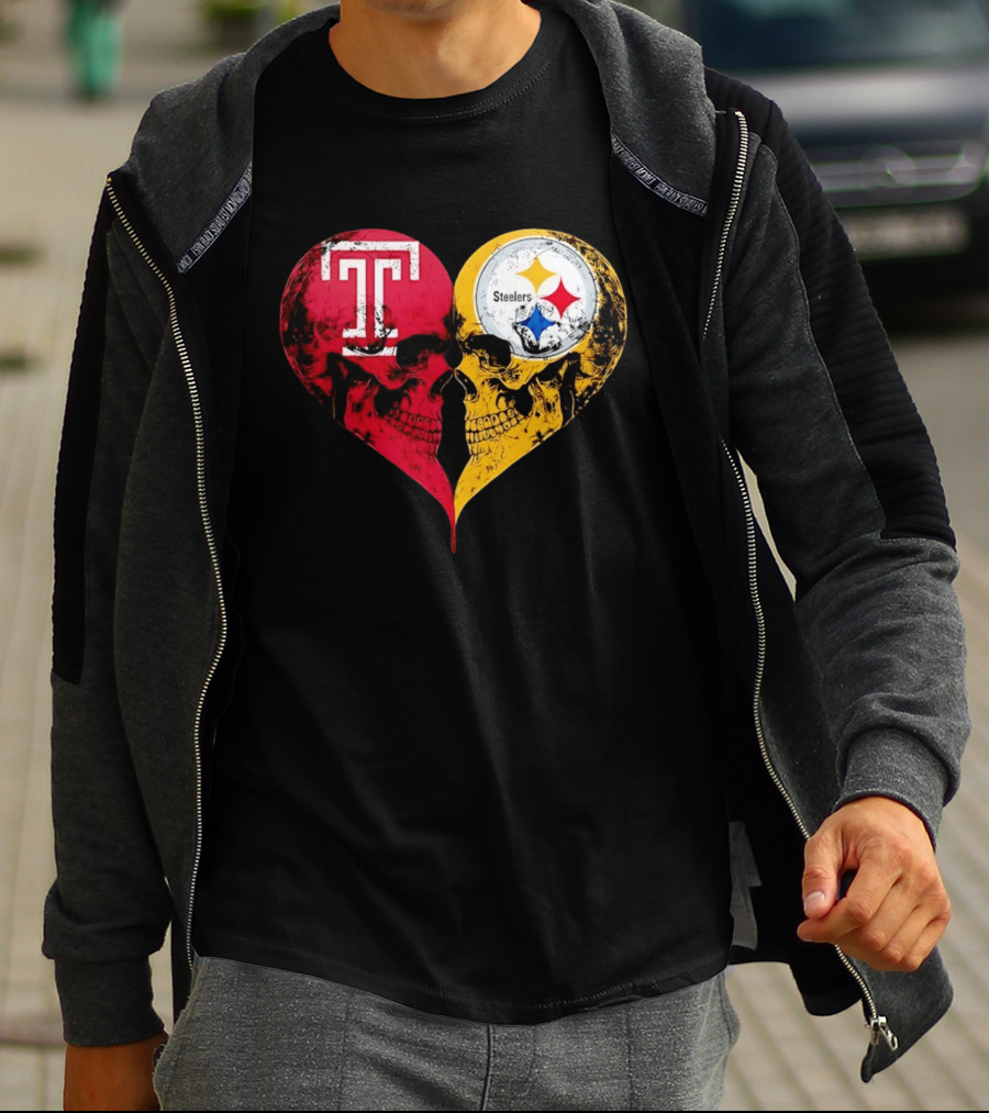 Temple Owls Pittsburgh Steelers Skulls Heart Shape Distressed T-Shirt