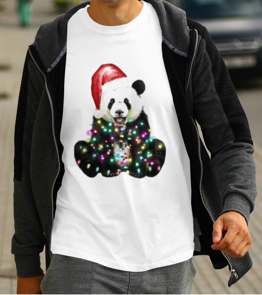 Panda With Christmas Lights And Santa Hat Holiday Animals T-Shirt