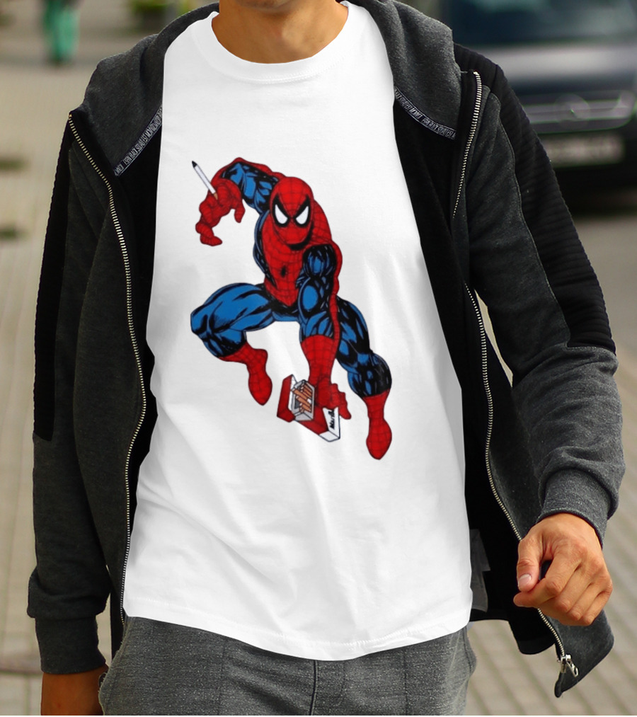 Marlboro Spider Man Crouching Holding Cigarette Packcartoon T-Shirt