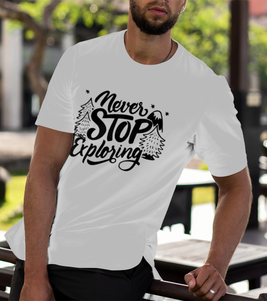 Never Stop Exploring Pine Trees Snowy Mountain Peak Stars T-Shirt