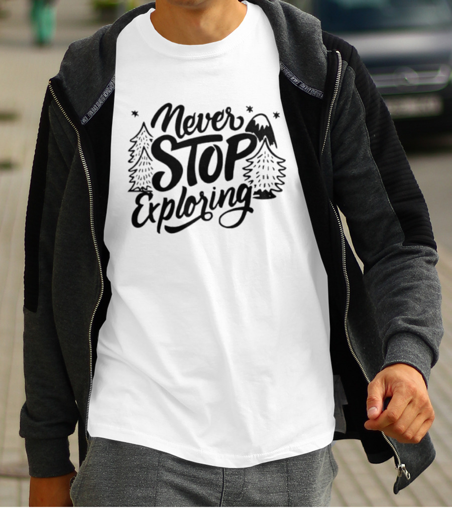 Never Stop Exploring Pine Trees Snowy Mountain Peak Stars T-Shirt
