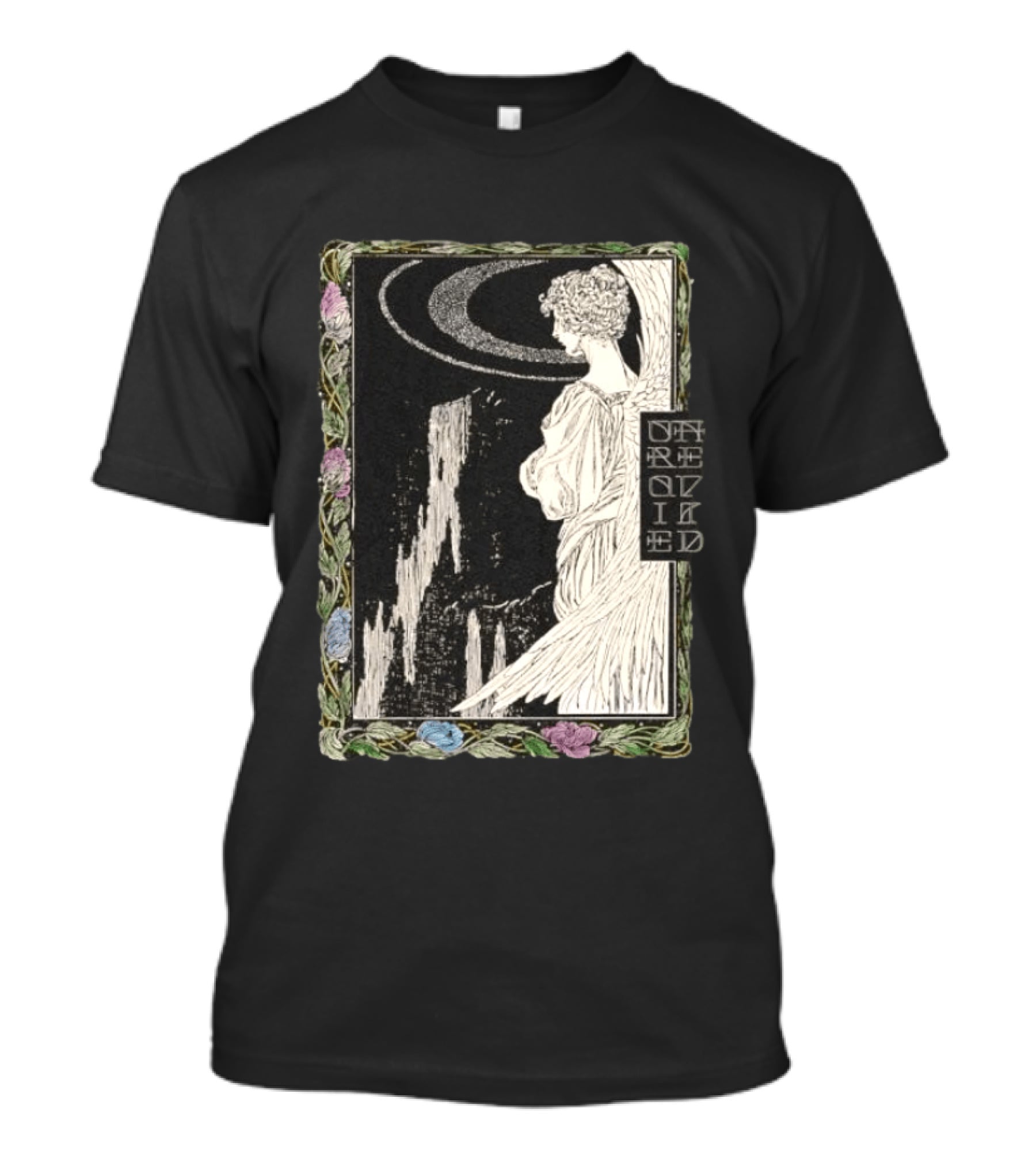 Angel Nouveau Unraveled Floral Frame Illustrative Art Winged Celestial Figure T-Shirt