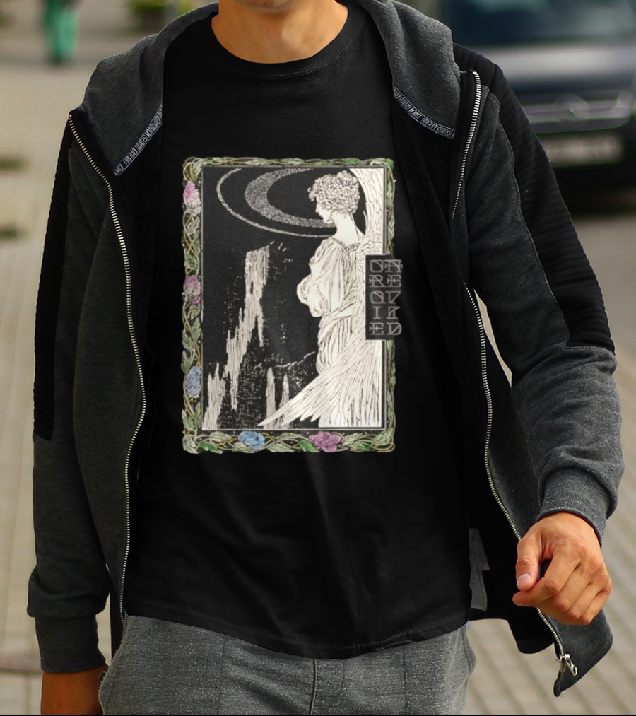 Angel Nouveau Unraveled Floral Frame Illustrative Art Winged Celestial Figure T-Shirt