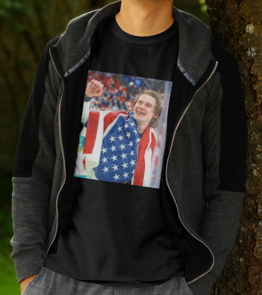 Jack Hughes USA Hockey World Champs 2026 Victory Celebration American Flag T-Shirt