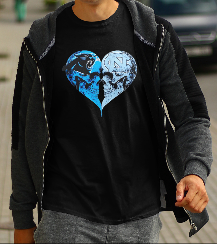 Carolina Panthers North Carolina Tar Heels Skulls Face To Face Heart Shape T-Shirt