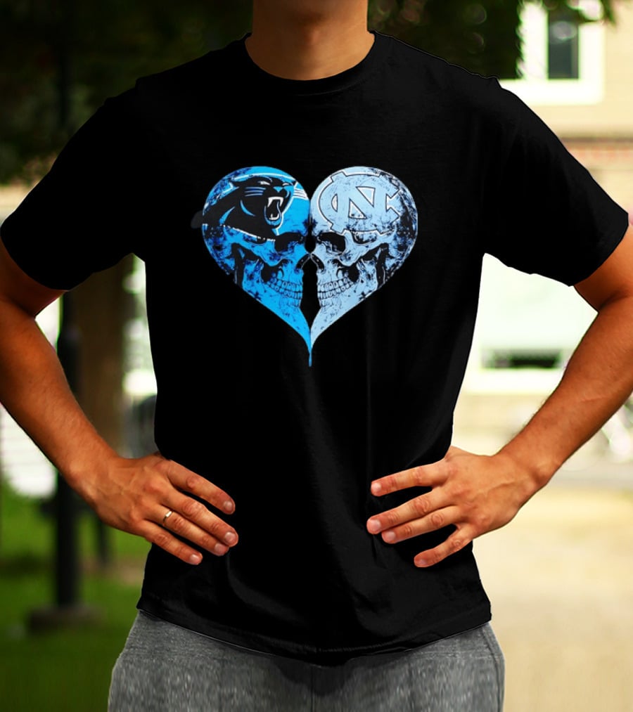 Carolina Panthers North Carolina Tar Heels Skulls Face To Face Heart Shape T-Shirt