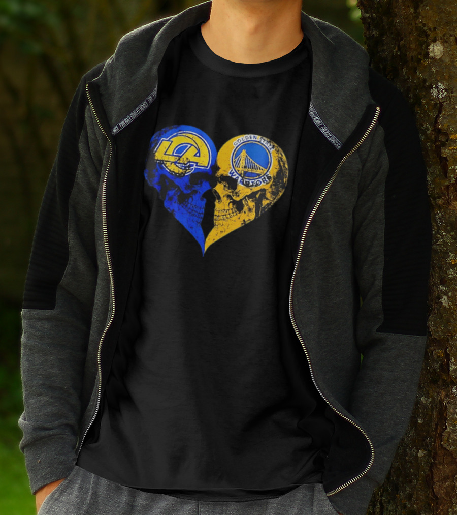 Los Angeles Rams Golden State Warriors Heart Shaped Skulls Distressed T-Shirt