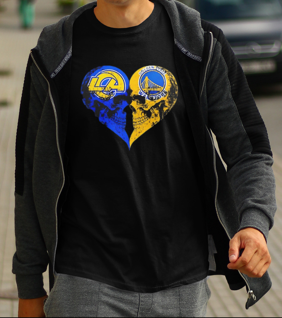 Los Angeles Rams Golden State Warriors Heart Shaped Skulls Distressed T-Shirt