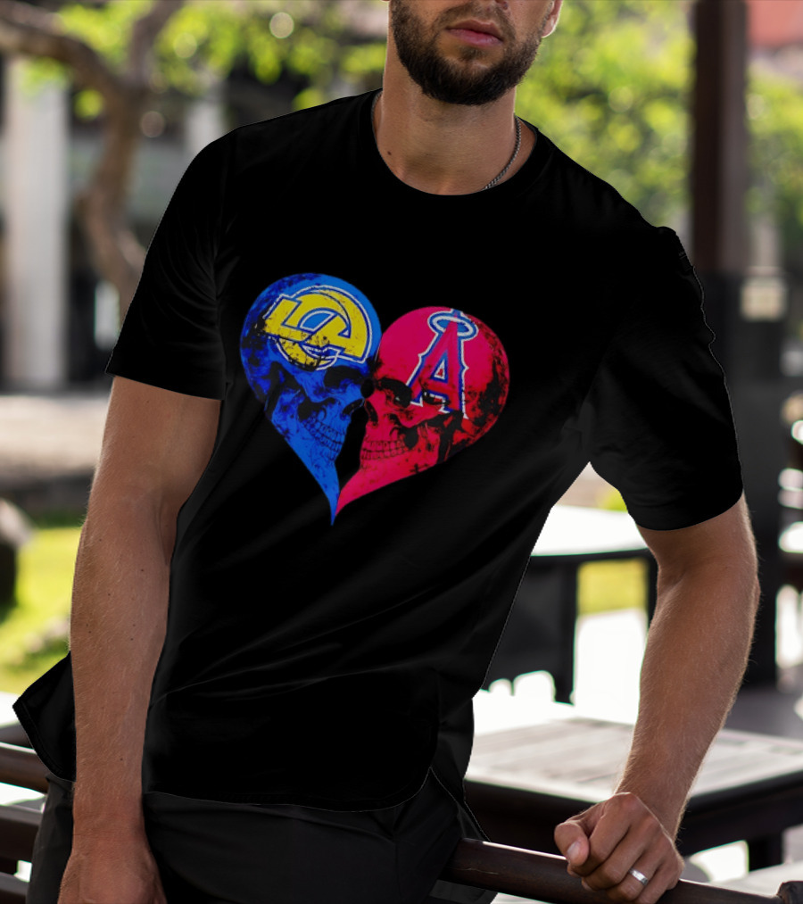 Los Angeles Rams Vs Los Angeles Angels Skulls Heart Face To Face Distressed T-Shirt