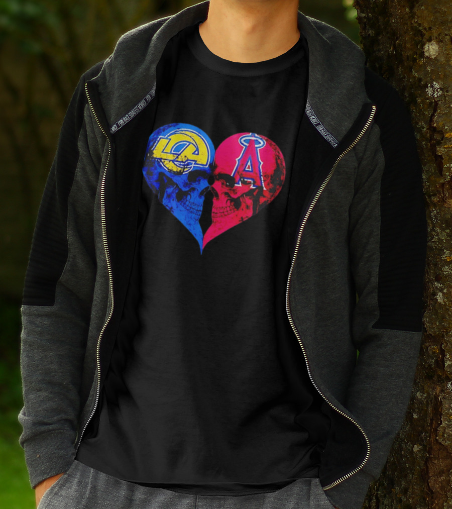 Los Angeles Rams Vs Los Angeles Angels Skulls Heart Face To Face Distressed T-Shirt