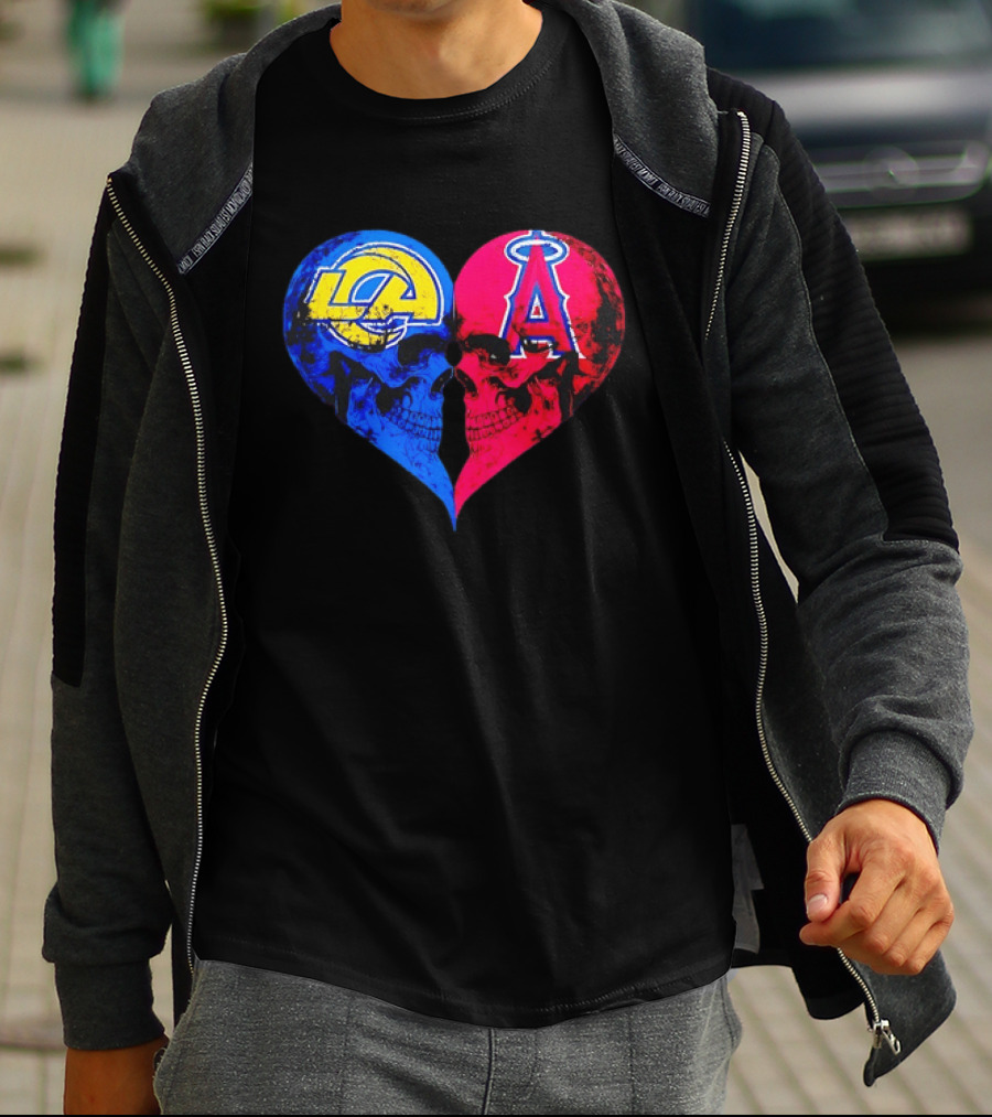Los Angeles Rams Vs Los Angeles Angels Skulls Heart Face To Face Distressed T-Shirt