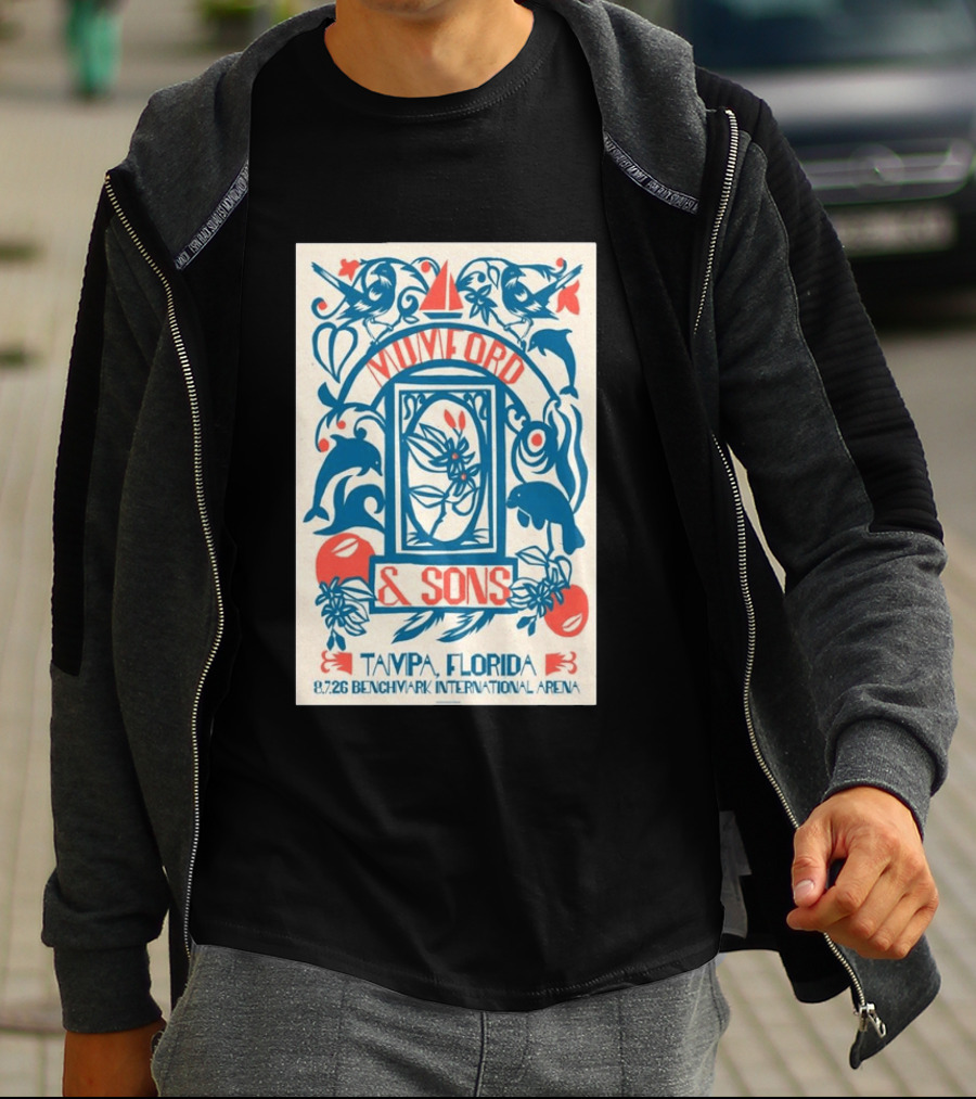 Mumford & Sons August 7 2026 Benchmark International Arena Tampa Florida With Dolphins And Floral Motif T-Shirt