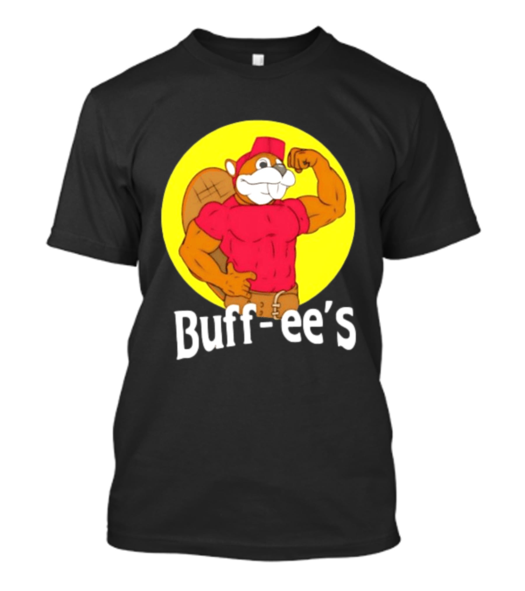 Buff Ee's Strong Muscular Beaver Character In Red Outfit T-Shirt