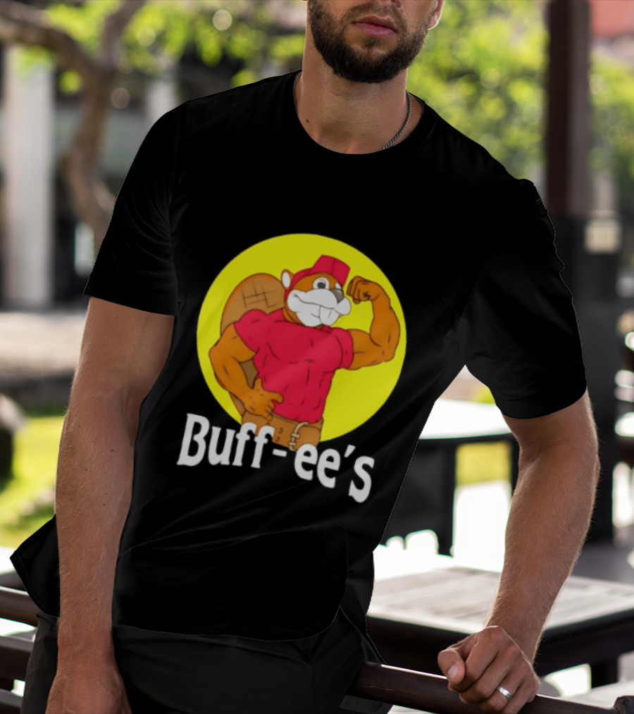 Buff Ee's Strong Muscular Beaver Character In Red Outfit T-Shirt