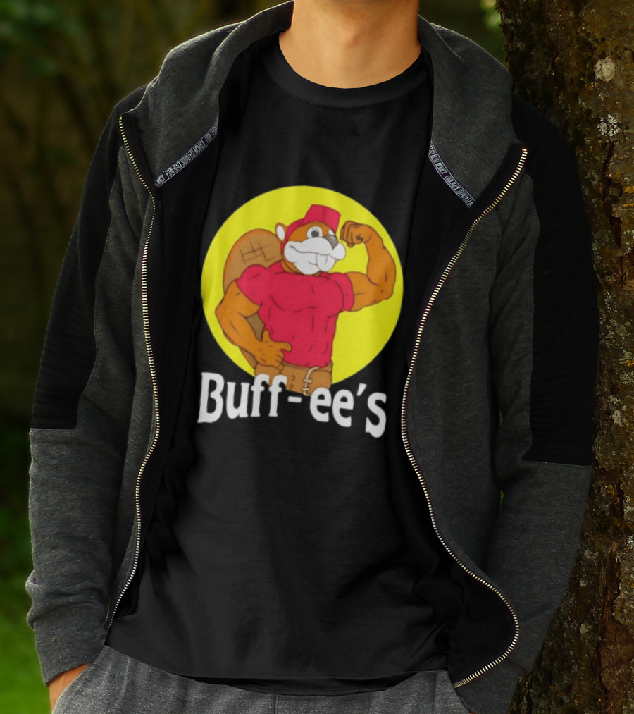 Buff Ee's Strong Muscular Beaver Character In Red Outfit T-Shirt