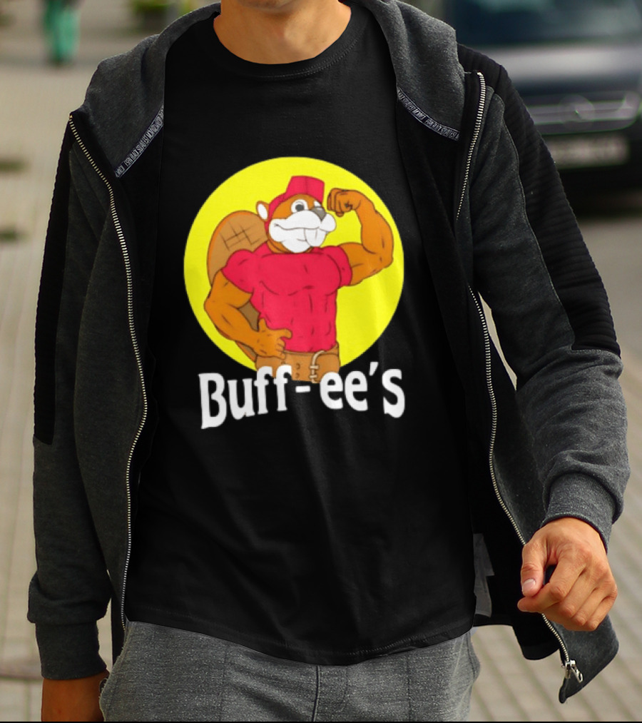 Buff Ee's Strong Muscular Beaver Character In Red Outfit T-Shirt