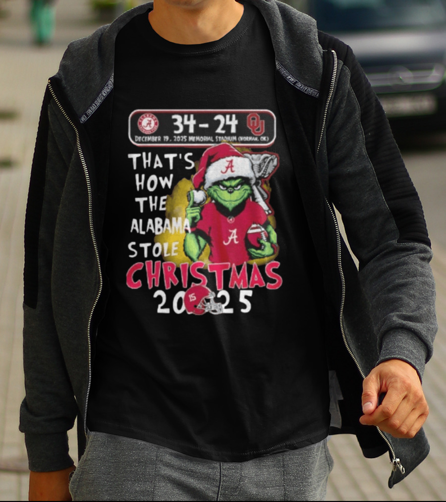 Grinch Santa Alabama Crimson Tide 34 24 Oklahoma Sooners That's How The Alabama Stole Christmas 2025 T-Shirt