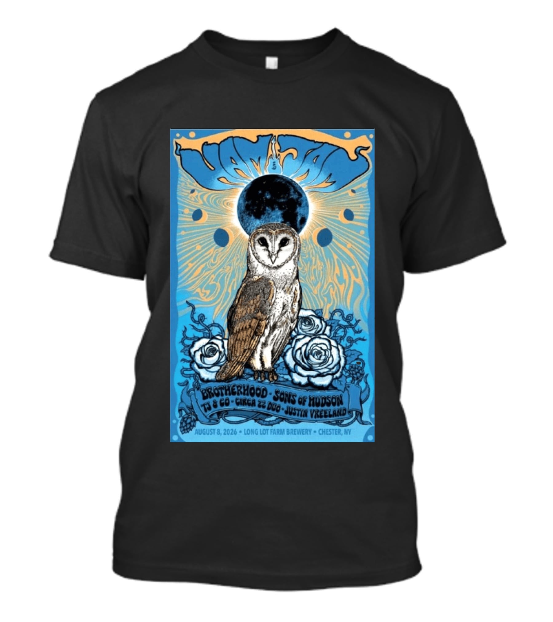 HamJam Festival August 8 2026 Owl And Roses Brotherhood Sons Of Hudson Long Lot Farm Brewery Chester NY T-Shirt