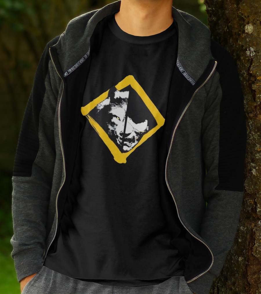 Wolf And Boar Split Face Diamond Yellow Border T-Shirt
