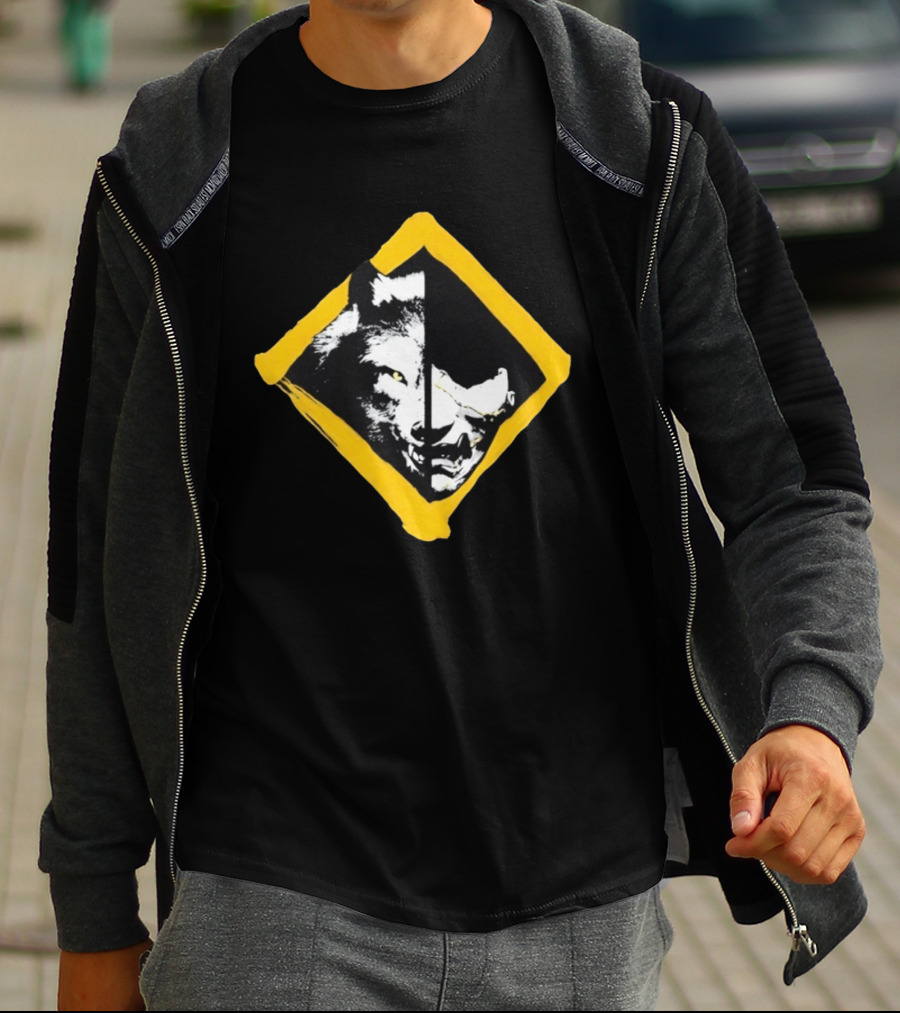 Wolf And Boar Split Face Diamond Yellow Border T-Shirt