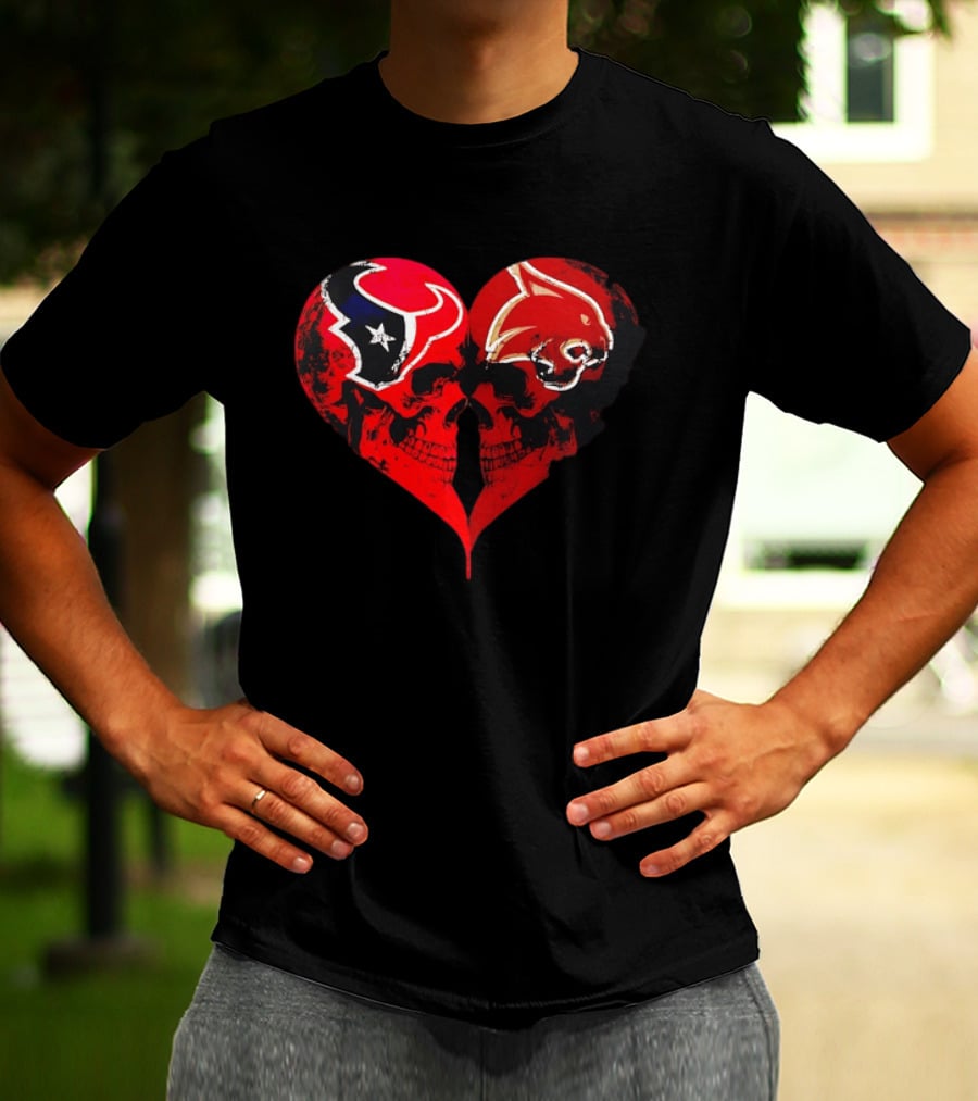 Houston Texans And Tampa Bay Buccaneers Skulls Heart Shape Distressed T-Shirt