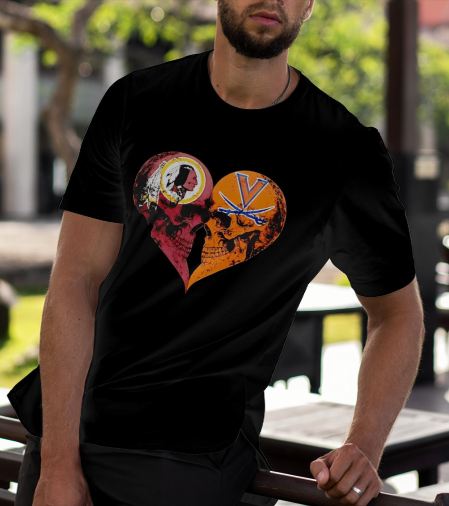 Washington Redskins Virginia Cavaliers Skulls Face To Face Heart Shape Distressed T-Shirt