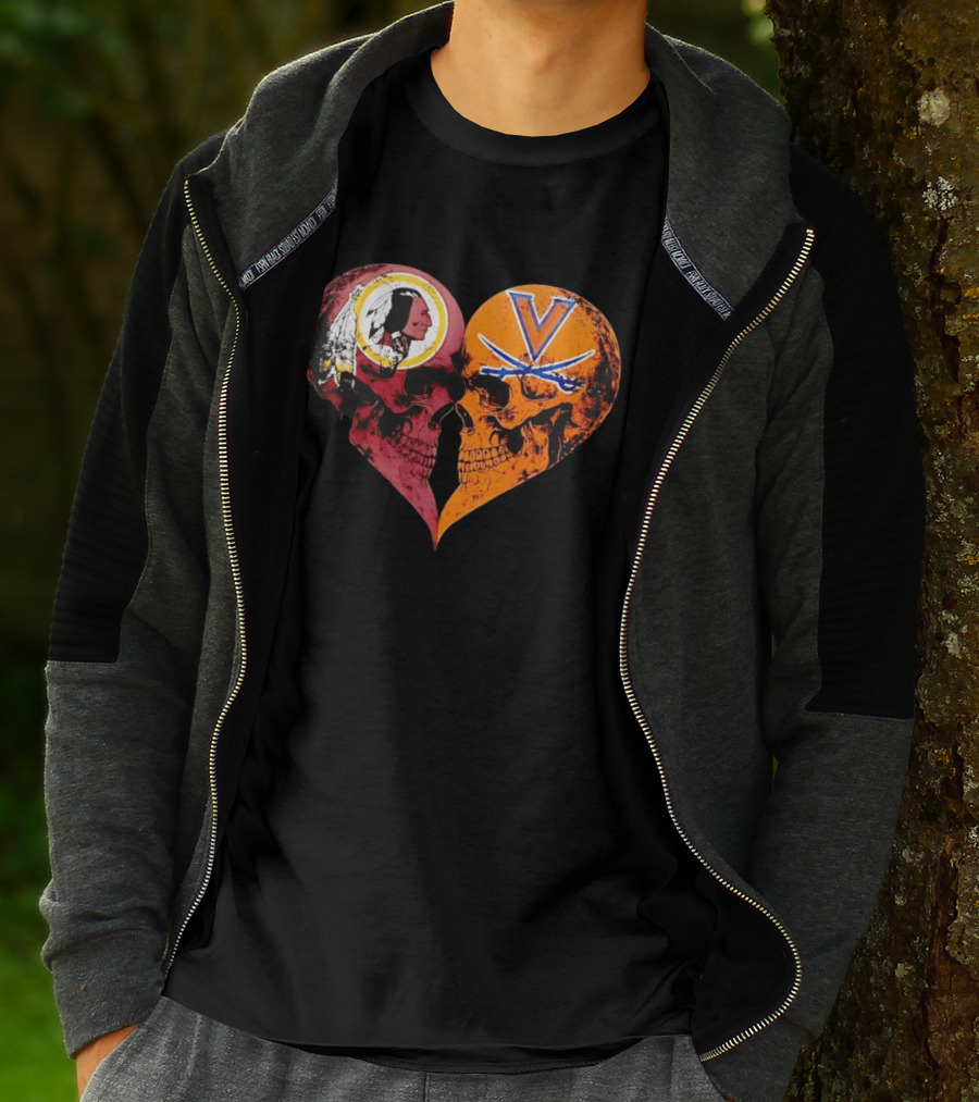 Washington Redskins Virginia Cavaliers Skulls Face To Face Heart Shape Distressed T-Shirt