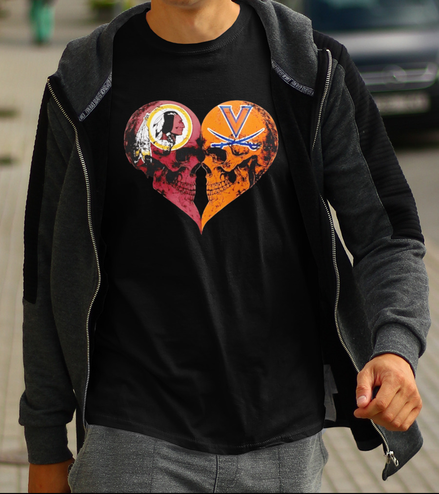 Washington Redskins Virginia Cavaliers Skulls Face To Face Heart Shape Distressed T-Shirt