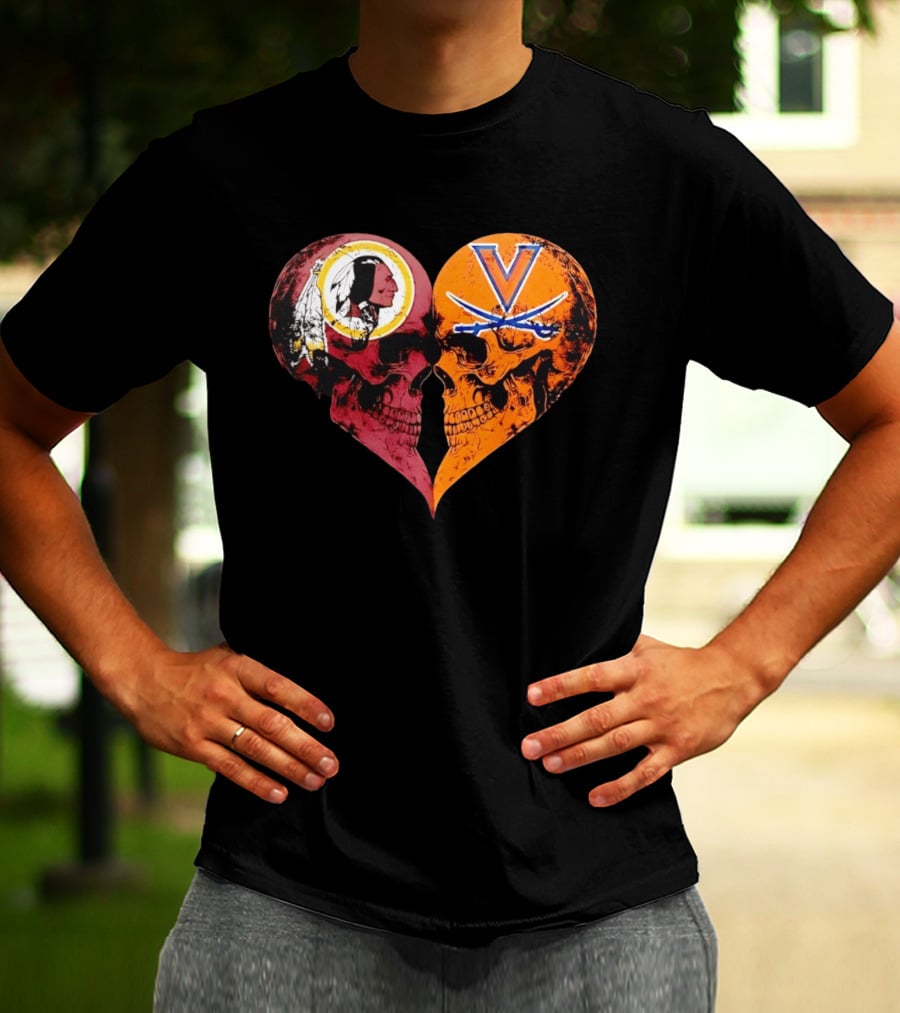 Washington Redskins Virginia Cavaliers Skulls Face To Face Heart Shape Distressed T-Shirt
