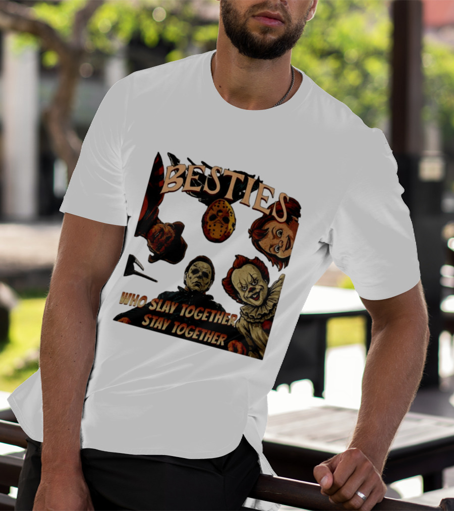 BESTIES Horror Movie Characters Mask Iconic Slayers Pennywise Knife Doll Together T-Shirt