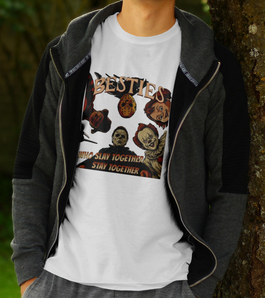 BESTIES Horror Movie Characters Mask Iconic Slayers Pennywise Knife Doll Together T-Shirt