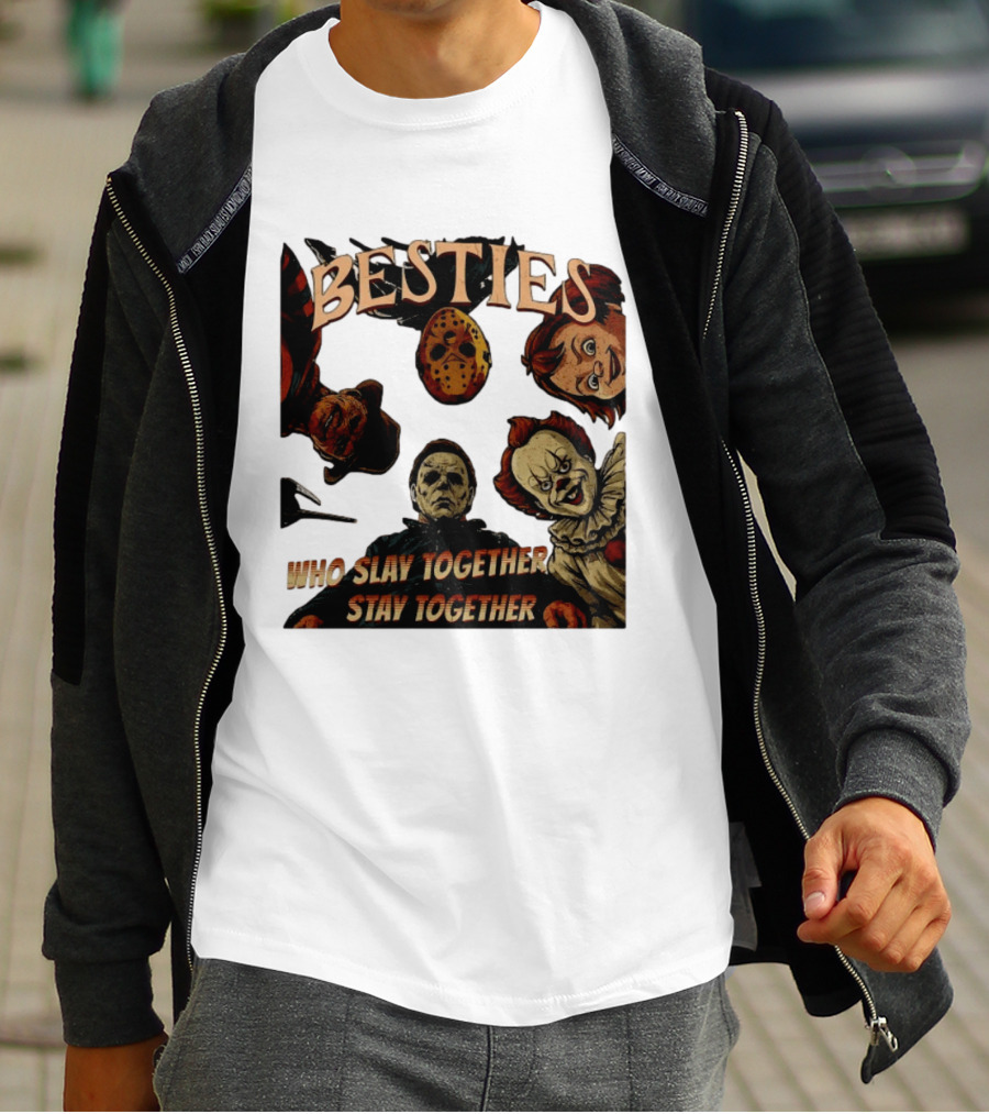 BESTIES Horror Movie Characters Mask Iconic Slayers Pennywise Knife Doll Together T-Shirt