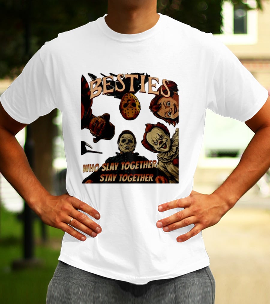 BESTIES Horror Movie Characters Mask Iconic Slayers Pennywise Knife Doll Together T-Shirt