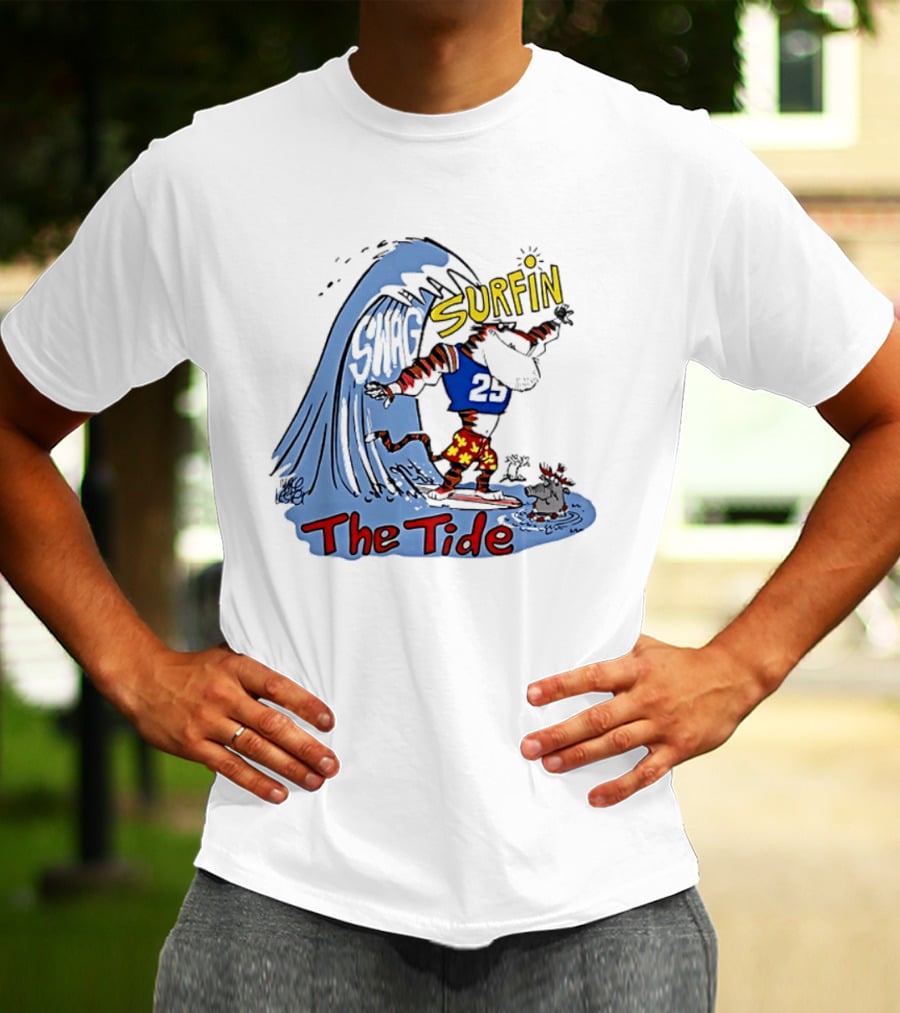 Classic Alabama Gameday Surfin The Tide Tiger In Red Flower Shorts Riding Wave T-Shirt