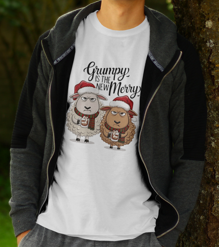 Grumpy Is The New Merry Christmas Sheep Santa Hat Holiday Humor T-Shirt
