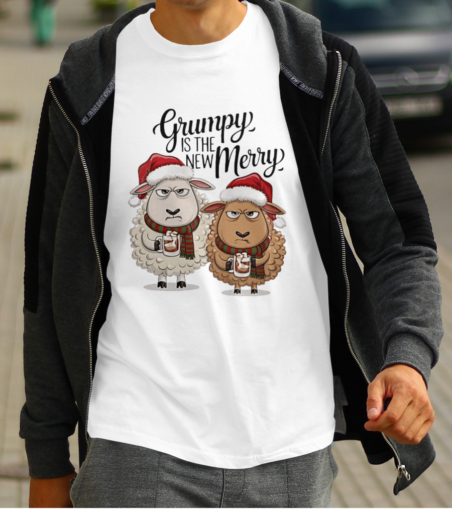 Grumpy Is The New Merry Christmas Sheep Santa Hat Holiday Humor T-Shirt