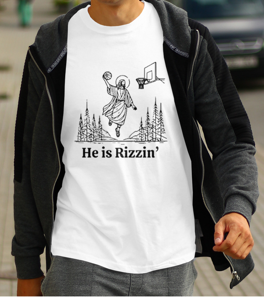 He Is Rizzin Basketball Angel Easter Forest Scene T-Shirt