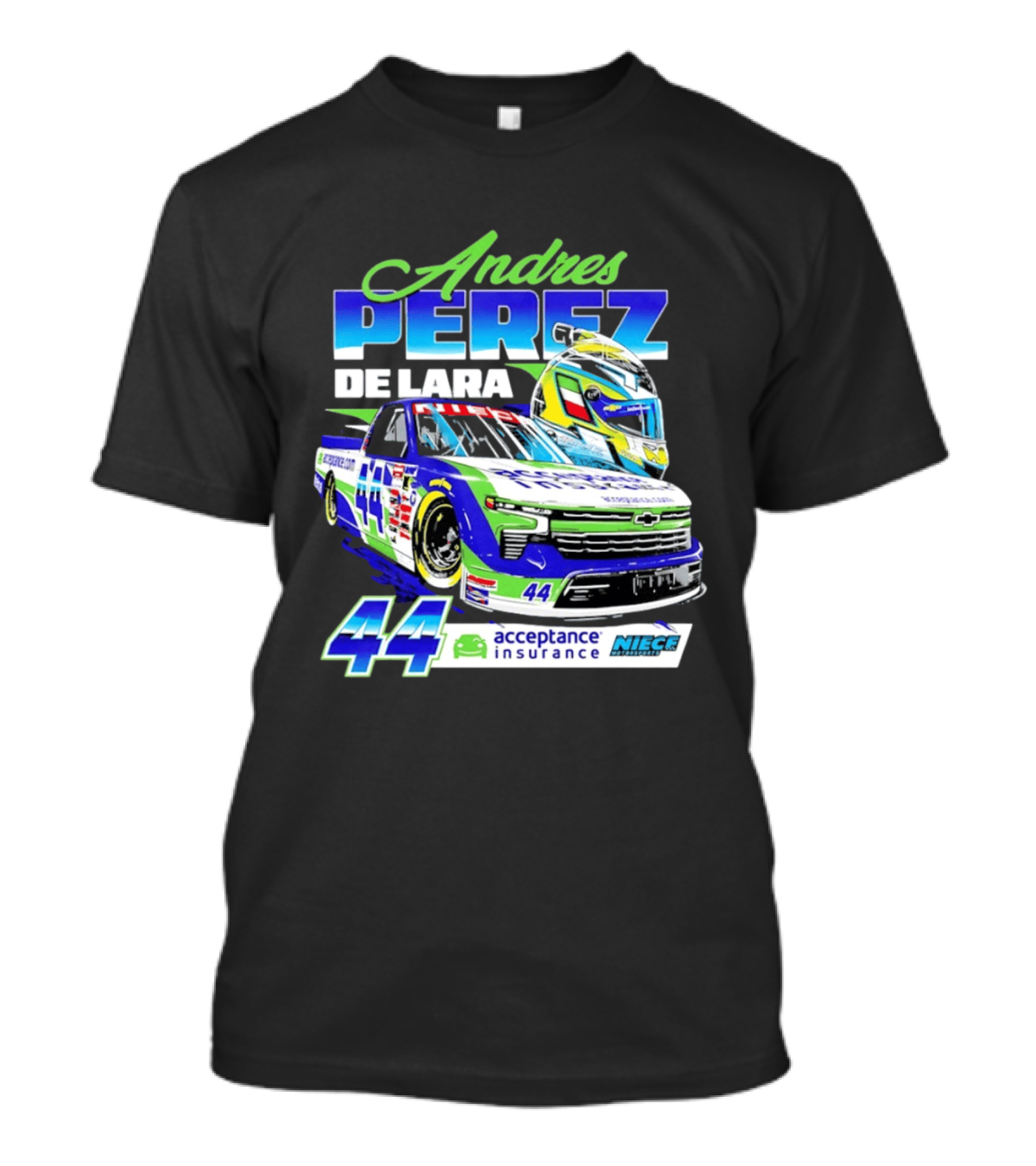 Andres Perez De Lara 44 Niece Motorsports Acceptance Insurance Racing Truck And Helmet Combo T-Shirt