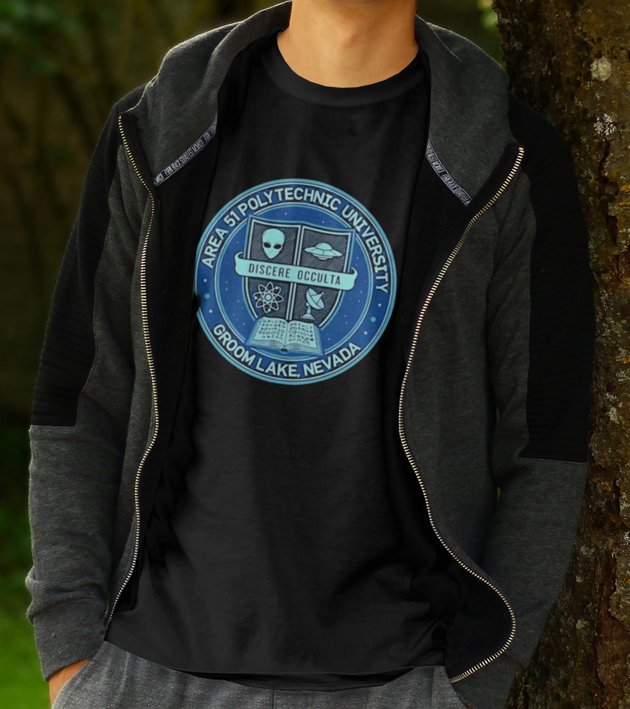 Area 51 Polytechnic University Groom Lake Nevada Discere Occulta Emblem With Alien UFO Science T-Shirt