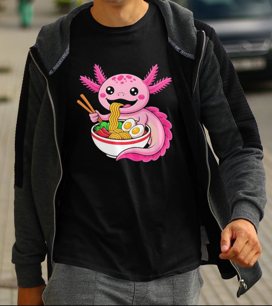 Axolotl Eating Ramen Kawaii Style With Chopsticks And Eggs T-Shirt