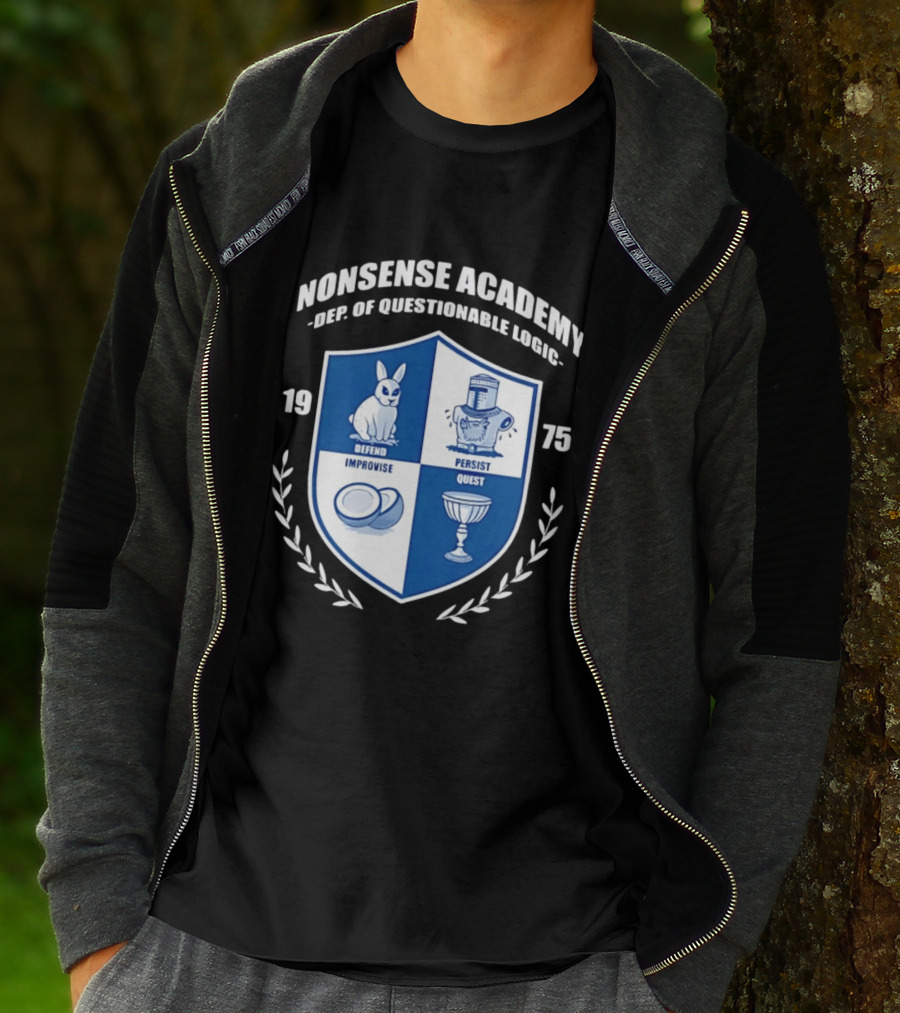 Nonsense Academy 1975 Crest Dept Of Questionable Logic Defend Improvise Persist Quest T-Shirt