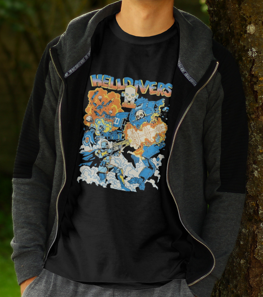Helldivers Comic Style Explosive Battle Scene Skulls Robots Flames T-Shirt